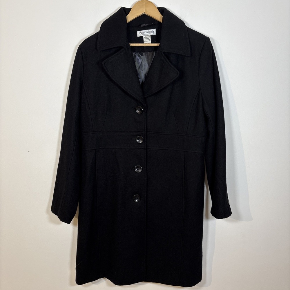 Vintage Beau Monde Black Wool Button Long Jacket Dress Pea Car Coat M/L USA
